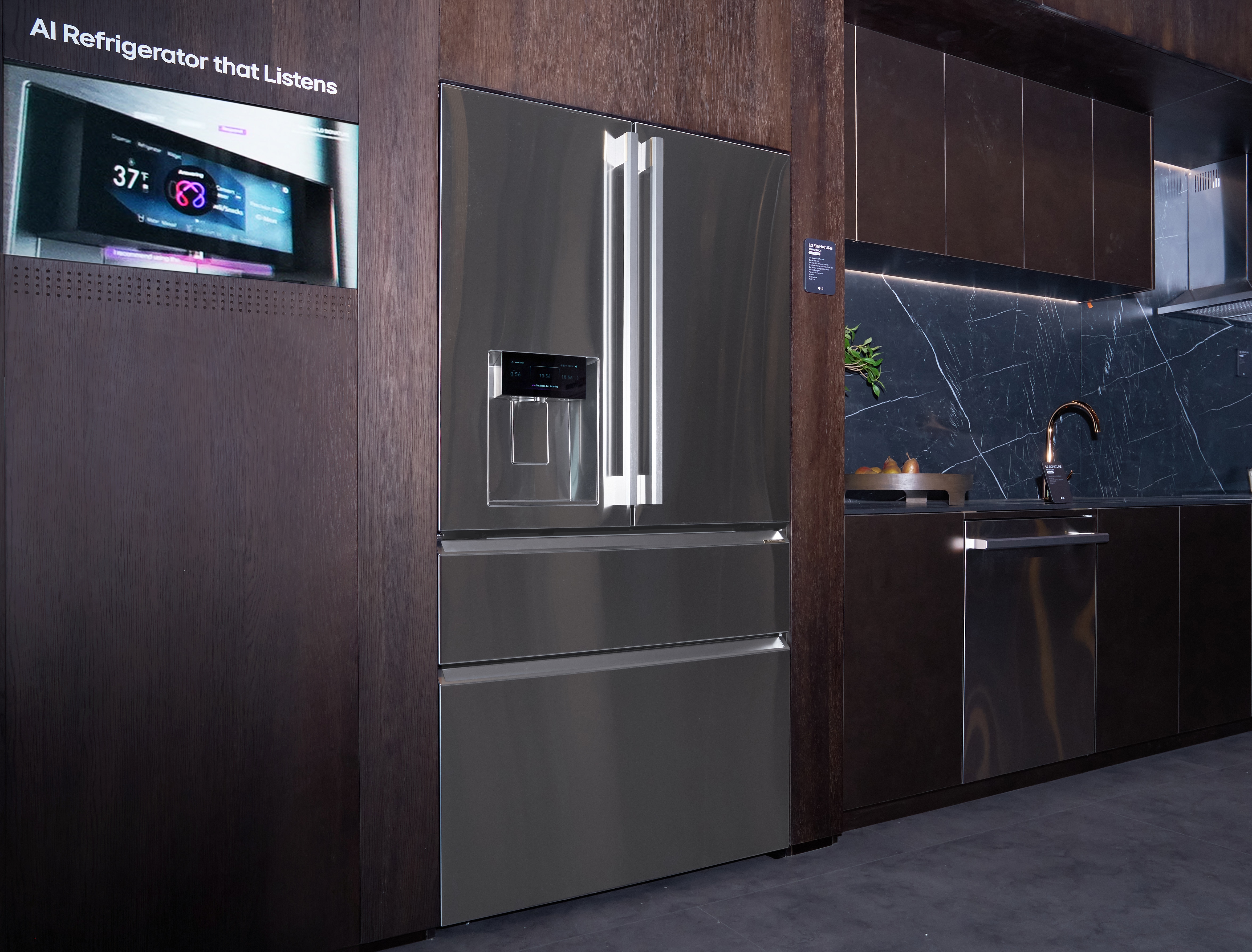 The next-generation LG SIGNATURE refrigerator is displayed at IFA 2026, featuring a sleek metallic finish and a new 6.8-inch LCD display that supports LLM-based conversational AI.