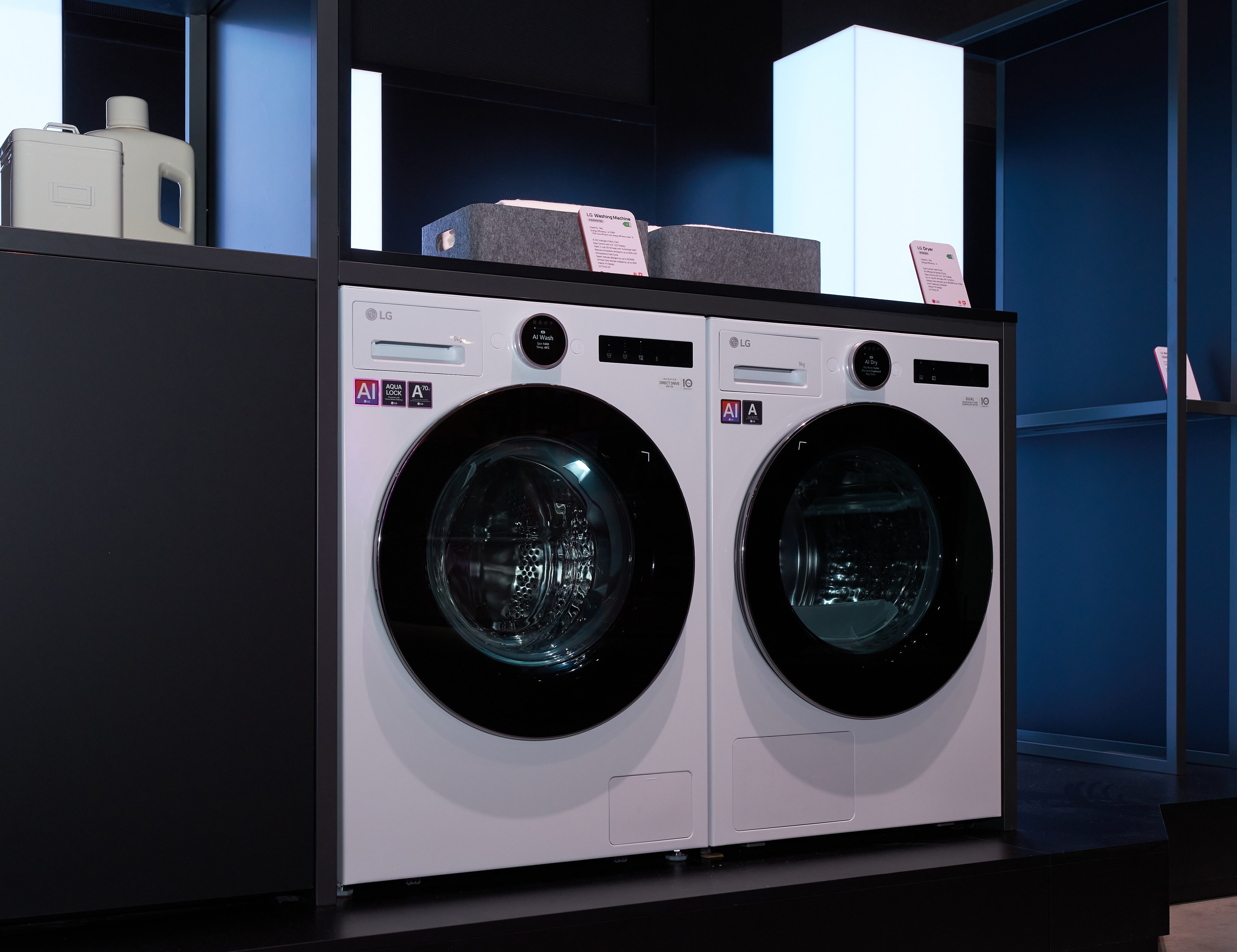 The highly energy-efficient LG Fit & Max washer and dryer pair is showcased at IFA 2026, highlighting a clean white design equipped with AI-powered fabric care technology.