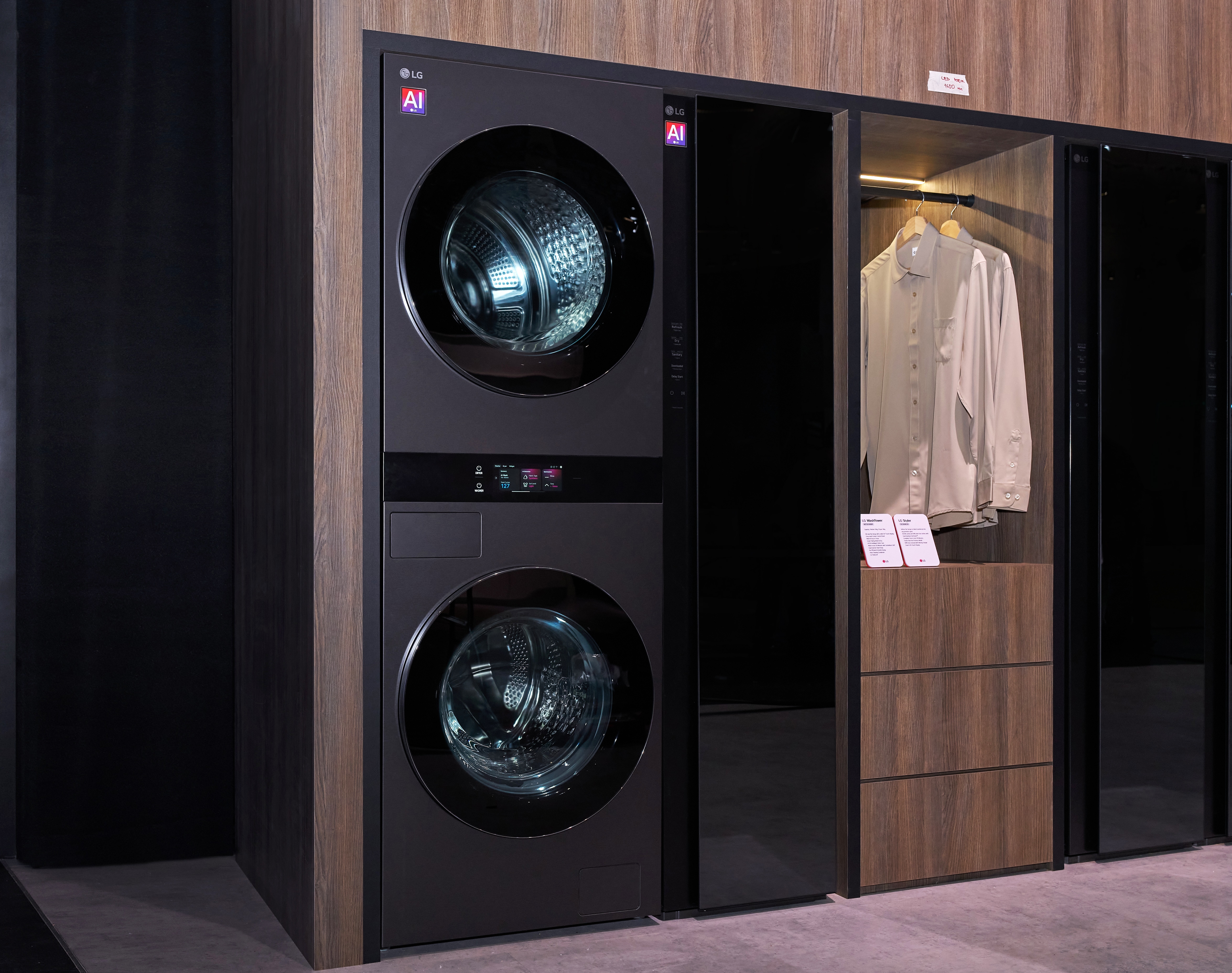 The new flagship 25-inch LG WashTower is presented at IFA 2026, featuring a sleek, dark single-body washer-dryer design tailored specifically for European living spaces.