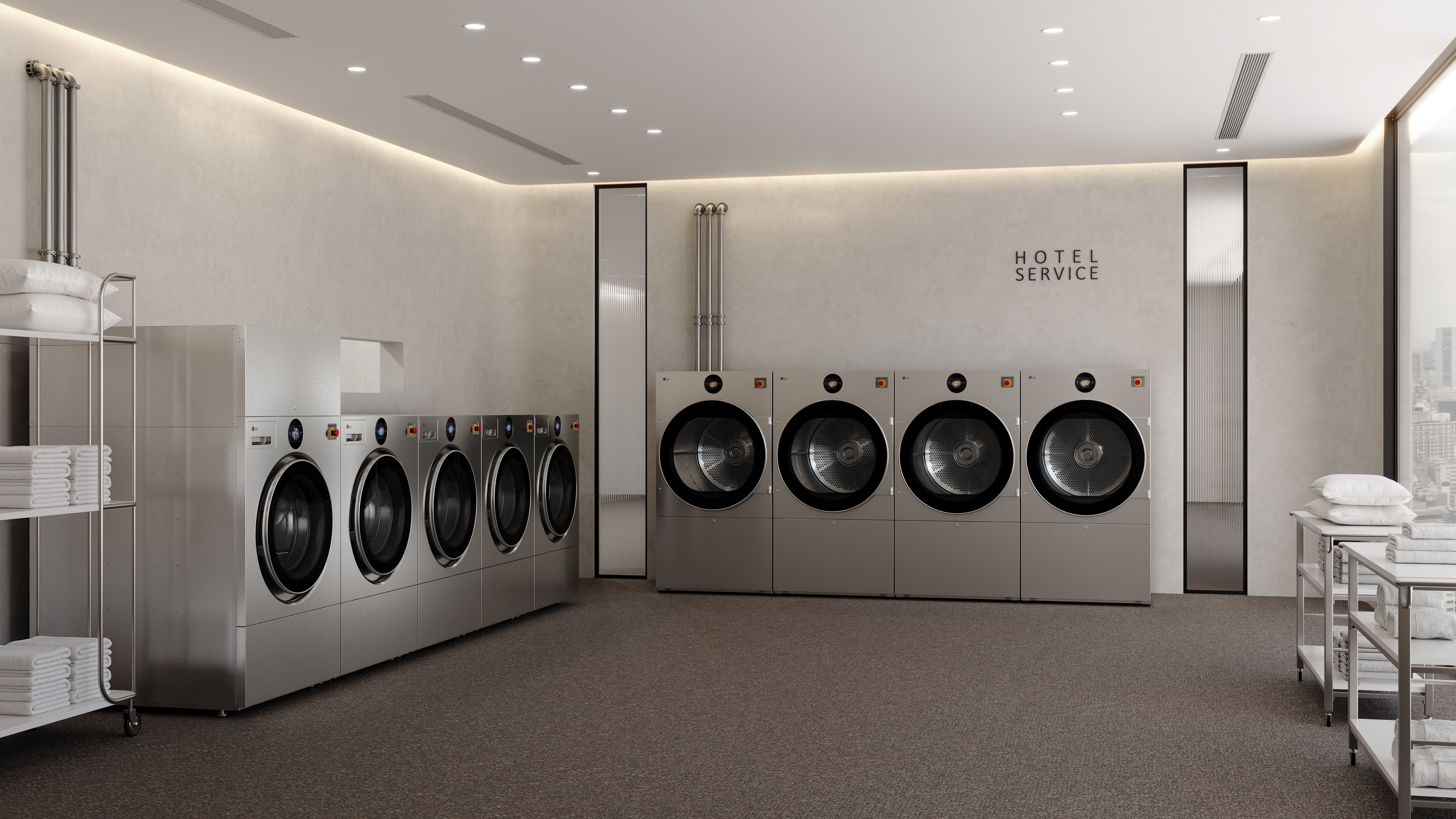 A modern hotel laundry room features, from left to right, one LG Professional WasherDryer unit, four LG Professional Washer units and four LG Professional Dryer units, with utility carts holding folded towels nearby and a “HOTEL SERVICE” sign on the wall above the dryer units.
