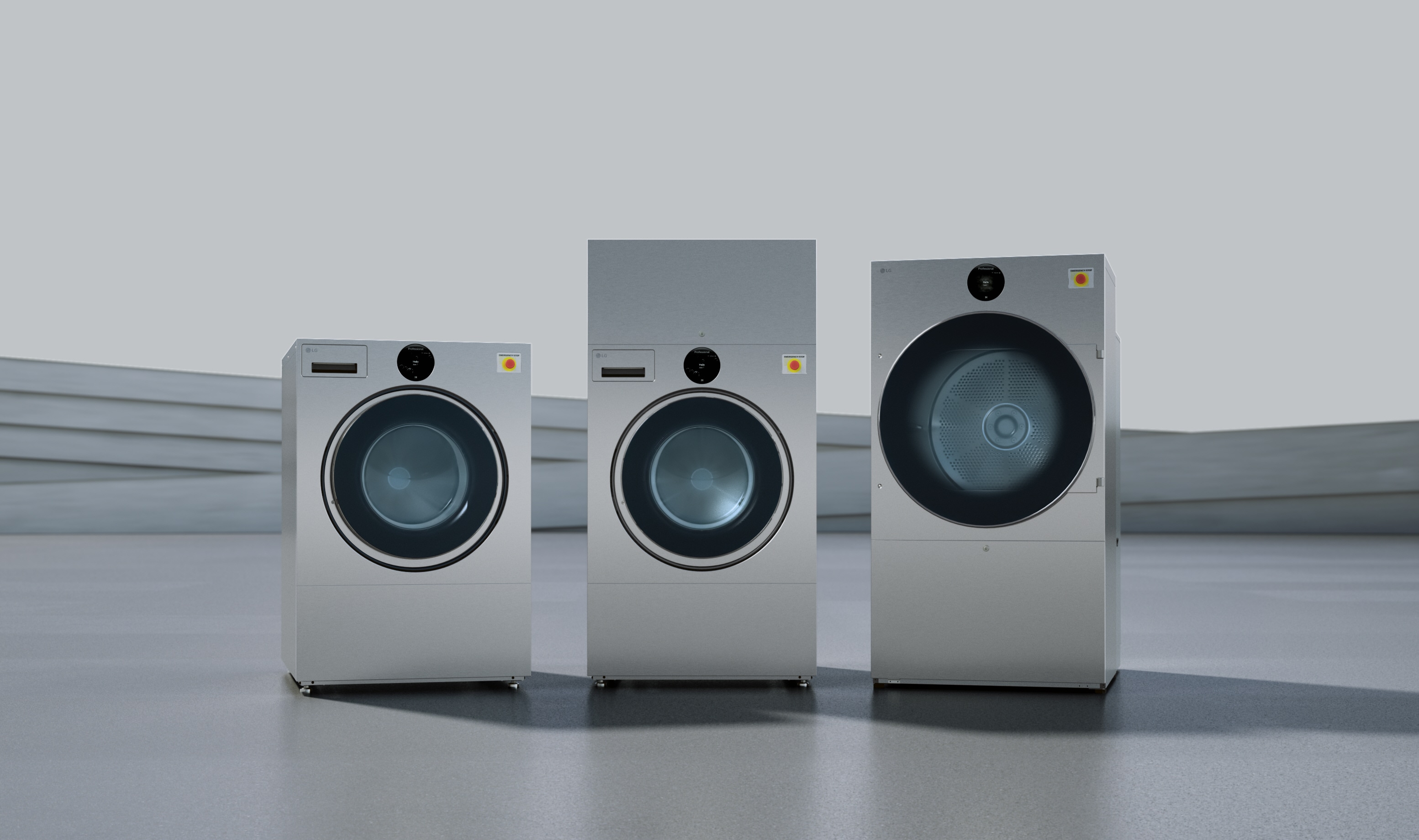 Against a simple grey background, three LG Professional Laundry models are displayed side by side, from left to right: LG Professional Washer, LG Professional WasherDryer and LG Professional Dryer.