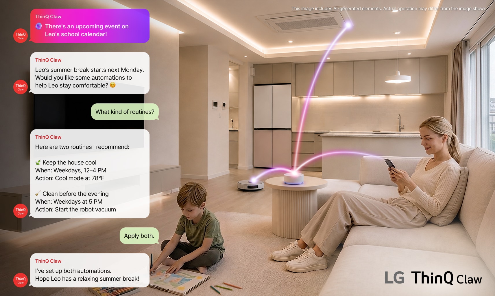 A woman sits on a sofa using her smartphone while a child draws on the floor as the ThinQ Claw chat interface recognizes an upcoming school break and recommends personalized routines for indoor temperature control and robot vacuum operation, with a ThinQ device shown connected to the air conditioner and robot vacuum.