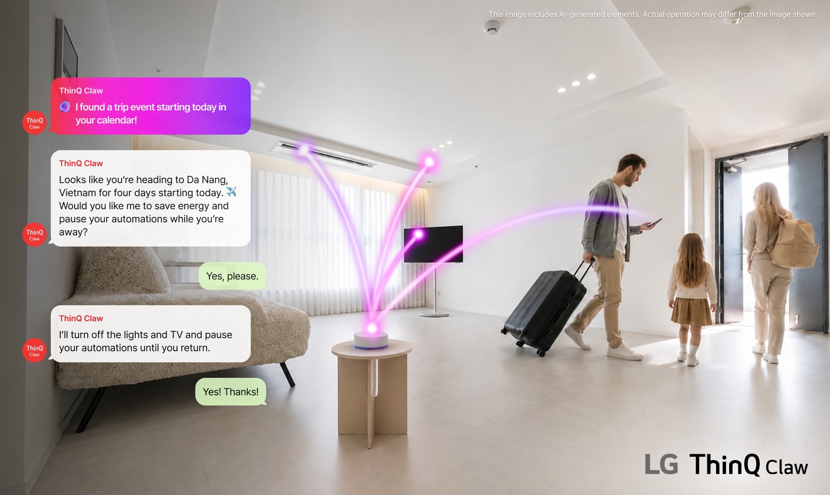 A family carrying luggage leaves home for a trip as the ThinQ Claw chat interface recognizes the travel schedule from the user’s calendar and suggests turning off the lights and TV and pausing home automations to save energy while they are away.
