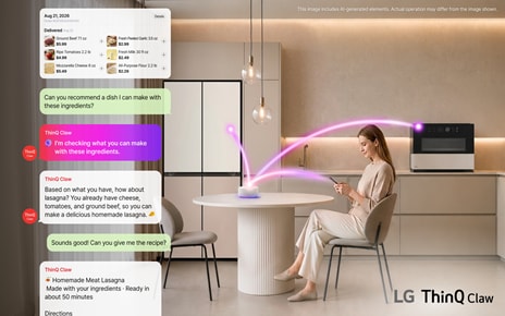 A woman sits in a modern kitchen using her smartphone as the ThinQ Claw chat interface reviews her recent grocery purchases, recommends homemade lasagna based on available ingredients and provides a recipe, while a ThinQ device is shown connected to the refrigerator and oven.