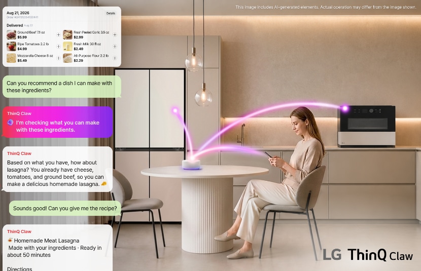 A woman sits in a modern kitchen using her smartphone as the ThinQ Claw chat interface reviews her recent grocery purchases, recommends homemade lasagna based on available ingredients and provides a recipe, while a ThinQ device is shown connected to the refrigerator and oven.