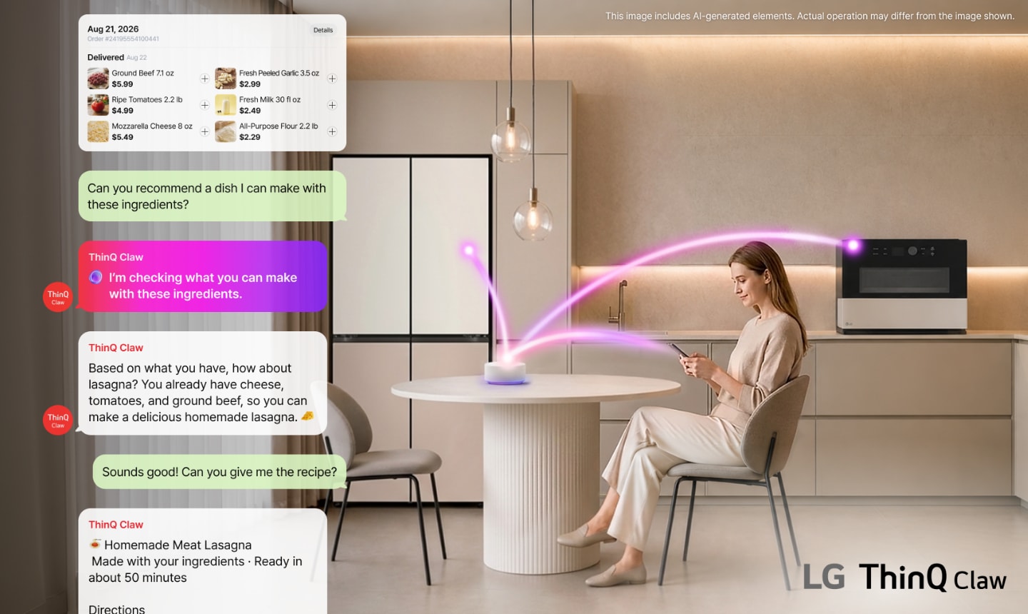 A woman sits in a modern kitchen using her smartphone as the ThinQ Claw chat interface reviews her recent grocery purchases, recommends homemade lasagna based on available ingredients and provides a recipe, while a ThinQ device is shown connected to the refrigerator and oven.