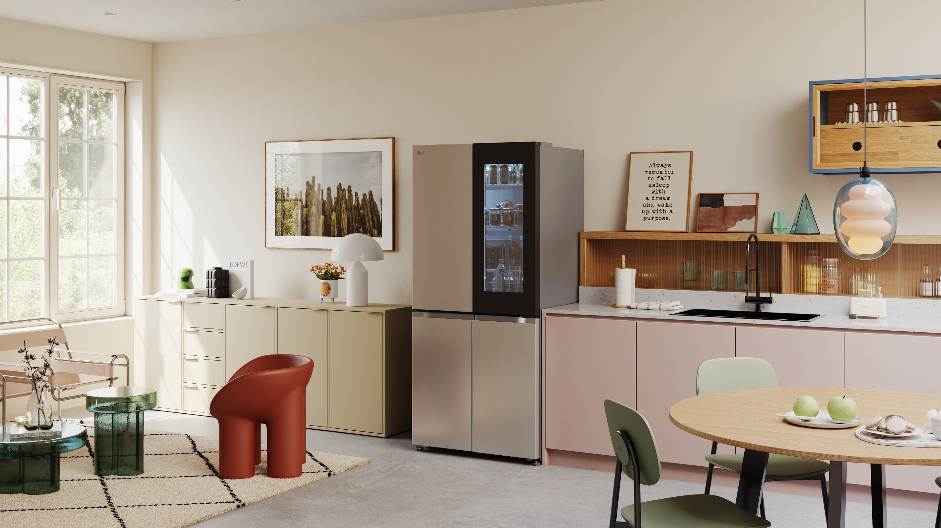 The LG InstaView™ refrigerator continues to gain traction worldwide, leading the refrigerator category in North America while seeing steady growth across Europe, Asia and Latin America. Image alt: An LG InstaView™ refrigerator with an illuminated InstaView™ panel stands in a bright, contemporary kitchen and dining space featuring a large window, pastel cabinetry, a wooden dining table, colorful chairs and modern décor.