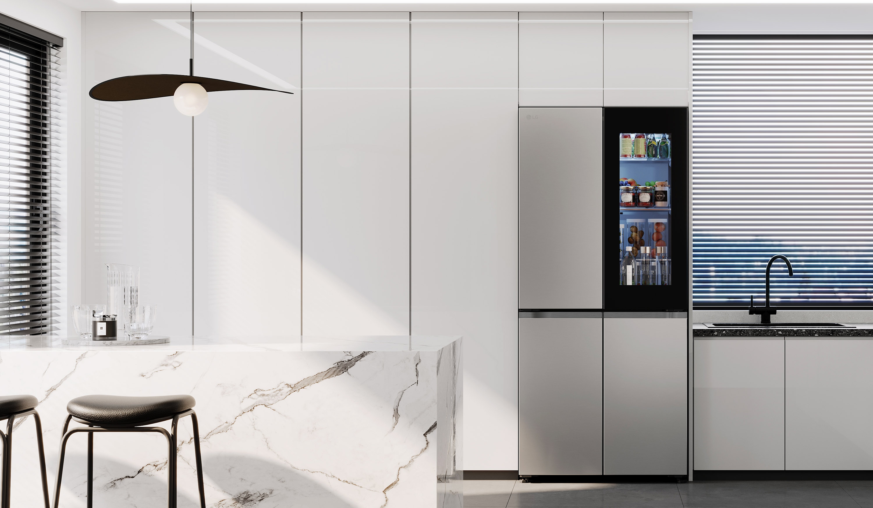 The LG InstaView™ technology enables users to see inside the refrigerator without opening the door, redefining how consumers interact with their refrigerators. Image alt: An LG InstaView™ refrigerator with an illuminated InstaView™ panel is installed in a modern minimalist kitchen featuring a white marble island, black bar stools, large windows with blinds and sleek white cabinetry.