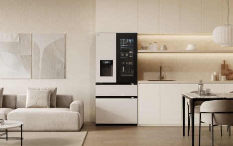 The LG InstaView™ refrigerator, which allows users to see inside without opening the door, has surpassed 5.3 million units in cumulative global sales on the 10th anniversary of its 2016 launch. Image alt: An LG InstaView™ refrigerator with an illuminated InstaView™ panel stands in a modern open-plan living room and kitchen featuring a cream sofa, white cabinetry, a dining table and warm ambient lighting.