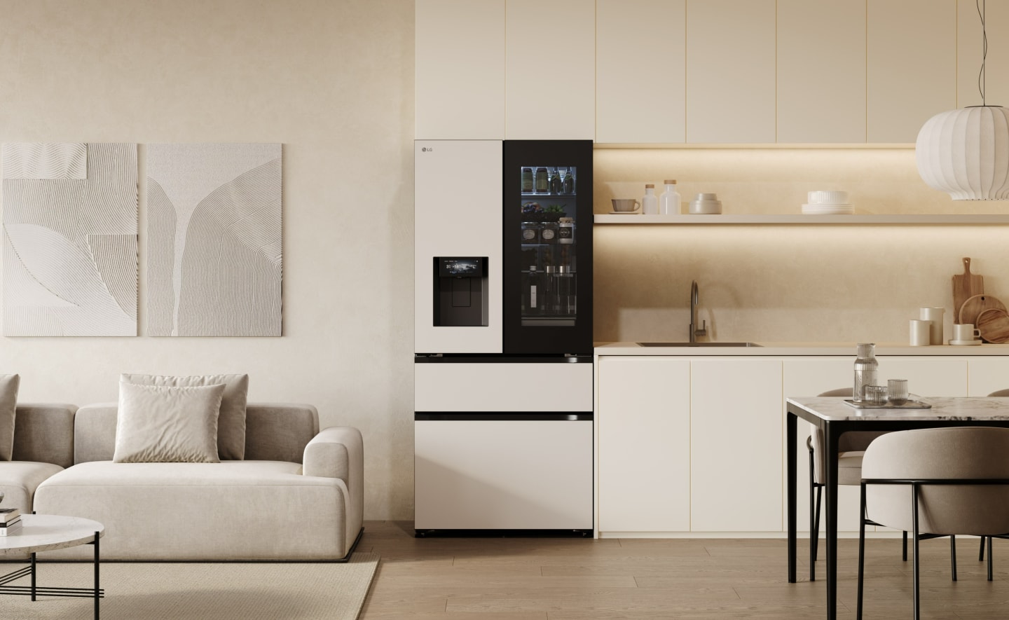 The LG InstaView™ refrigerator, which allows users to see inside without opening the door, has surpassed 5.3 million units in cumulative global sales on the 10th anniversary of its 2016 launch. Image alt: An LG InstaView™ refrigerator with an illuminated InstaView™ panel stands in a modern open-plan living room and kitchen featuring a cream sofa, white cabinetry, a dining table and warm ambient lighting.