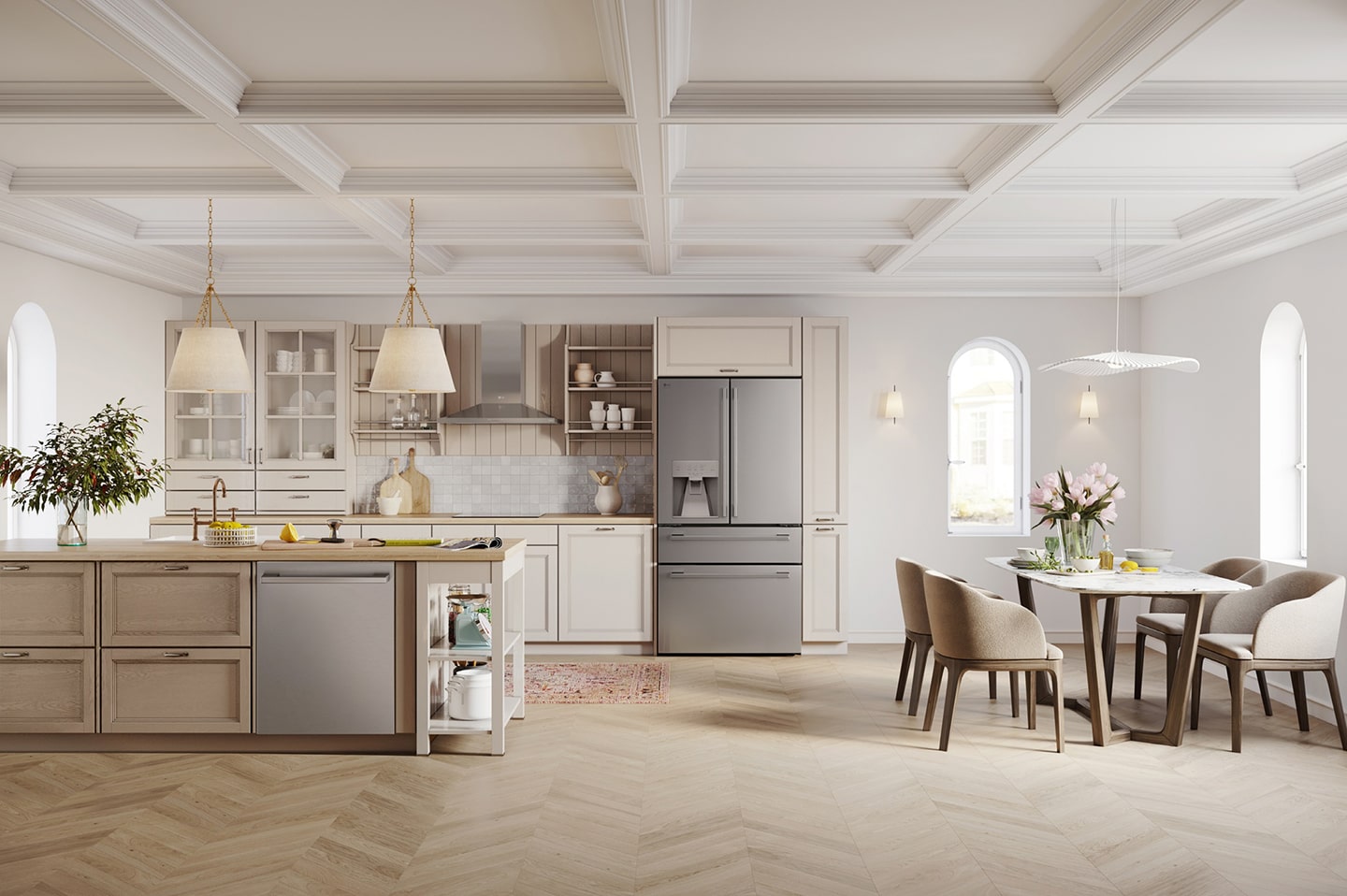 A photo of LG’s Fit & Max kitchen solutions set up in a dining room