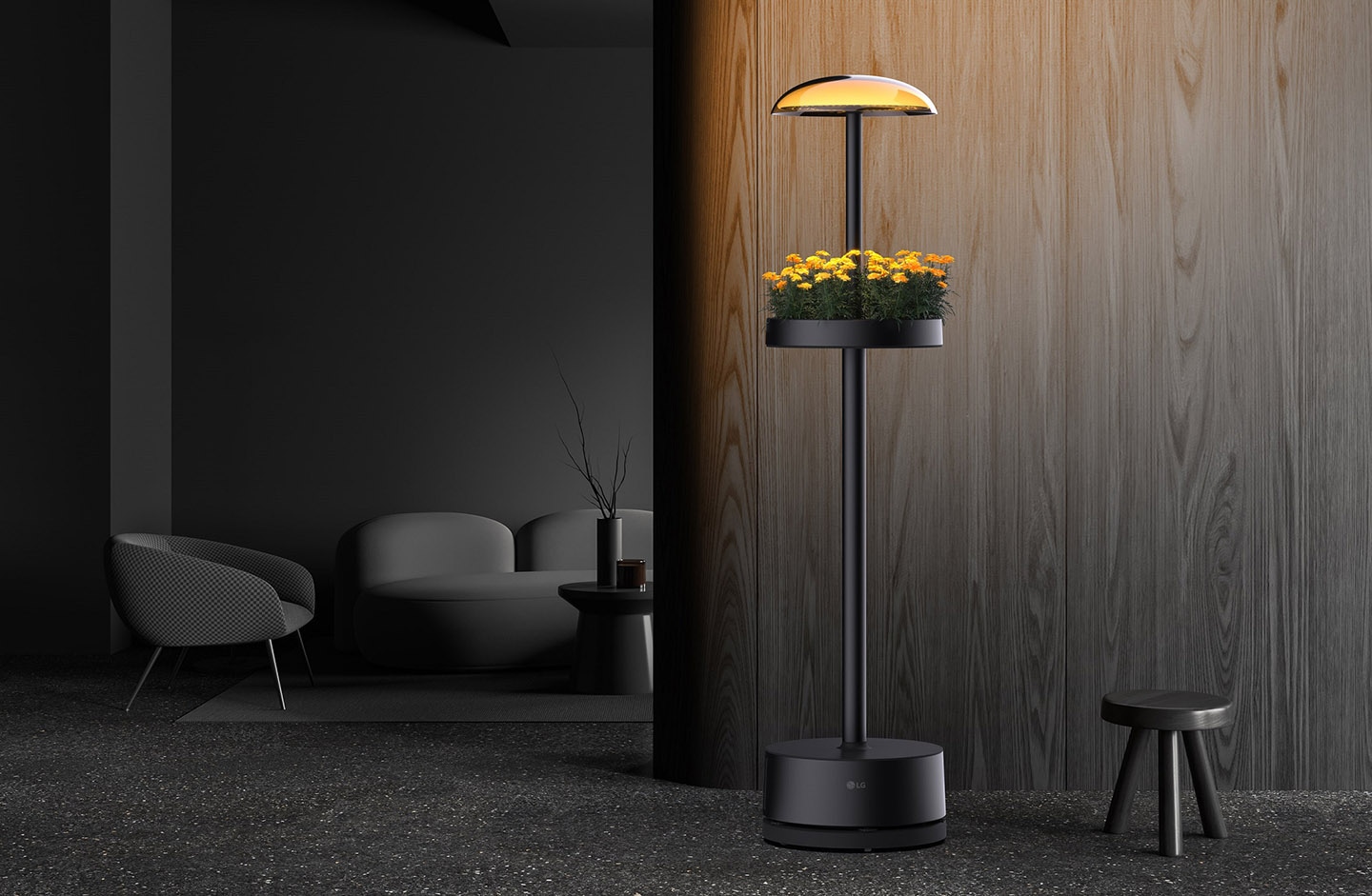 A photo of the new LG indoor gardening appliance with a modern floor-standing lamp design set up in a living space 