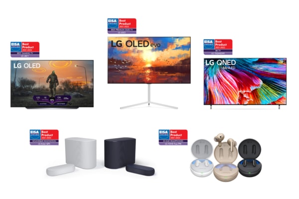 Clockwise from top-left: EISA Award honorees LG OLED TV, LG OLED evo, LG QNED Mini LED TV, LG TONE Free and LG Eclair