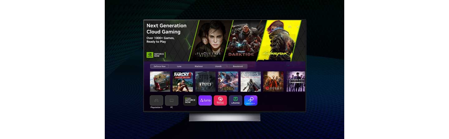 LG’s new webOS UI featuring gaming hub and cloud gaming displayed on an LG TV in front of a dark blue background