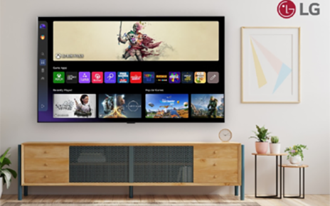 A wall-mounted LG Smart TV displays the cloud gaming interface in a comfortable living room setting.