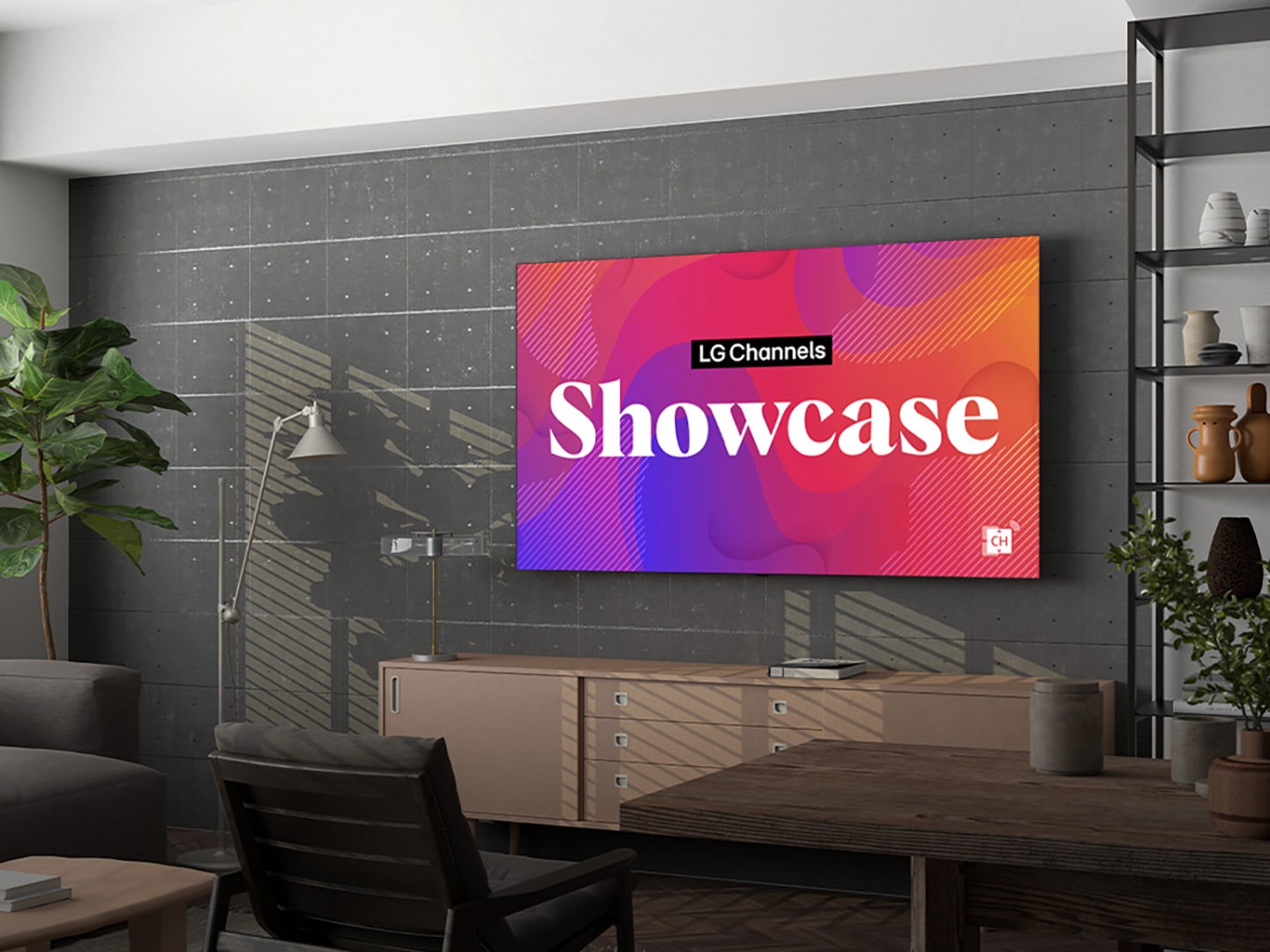 An image of 'LG Channels Showcase' appears on a wall-mounted TV in a living room