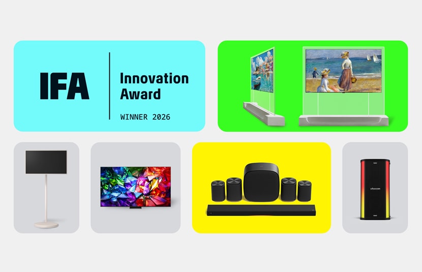 The IFA Innovation Award Winner 2026 logo appears beside images of LG’s Wallpaper TV, premium TVs, StanbyME 2 Max, Sound Suite AI and xboom Stage 501.