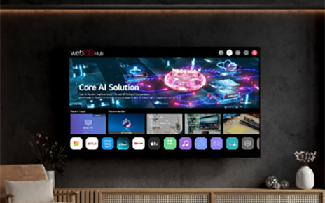 A sleek wall-mounted LG Smart TV features the webOS Hub interface, displaying its 'Core AI Solution' and a variety of apps.