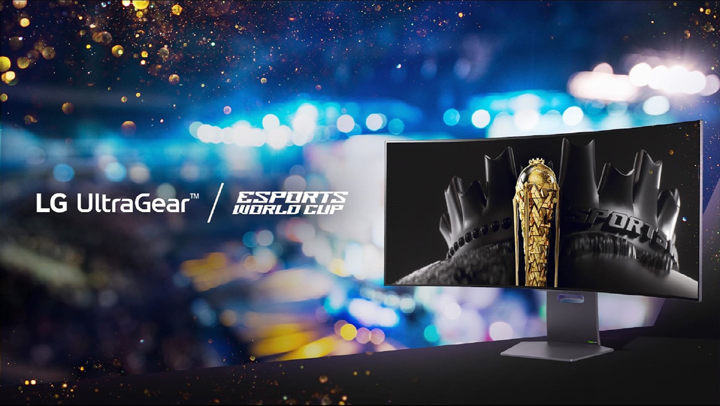 Official logos of the LG UltraGear brand and Esports World Cup, along with an LG UltraGear OLED gaming monitor