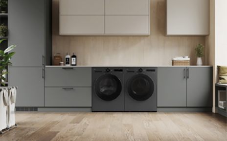 A photo of LG’s latest washing machine and dryer set up in living space