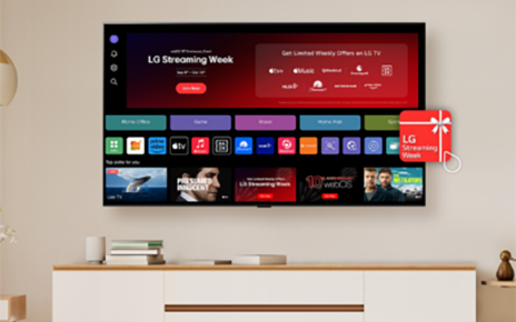 A wall-mounted LG OLED TV displays the LG Streaming Week event on its home screen, highlighting a variety of streaming options featured in the promotion
