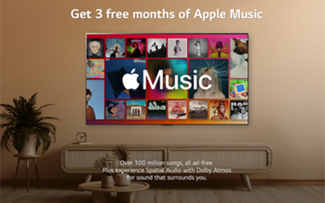 An LG Smart TV displays the Apple Music logo, and overlaying text highlights a promotion offering 3 free months of Apple Music supported by Spatial Audio with Dolby Atmos
