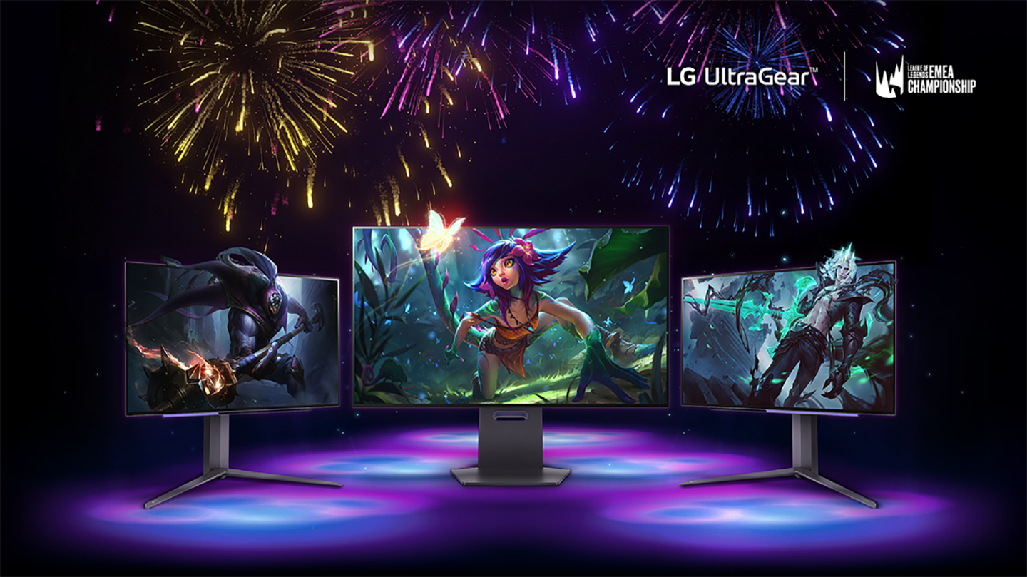 Three LG UltraGear monitors showcase gaming visuals, with the LG UltraGear and League of Legends EMEA Championship logos featured at the top of the image