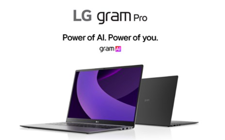 Side angled view of two LG grams, one showcasing front, and the other the back