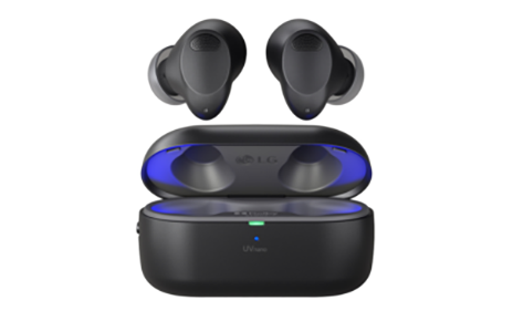 Ultraviolet light illuminates an open UVnano charging case, with black LG TONE Free T90S earbuds displayed above