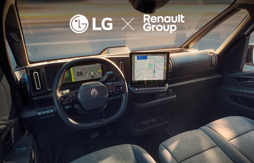 Interior of Renault Group's first commercial SDV featuring LG VS' integrated cockpit solution with cluster and infotainment.