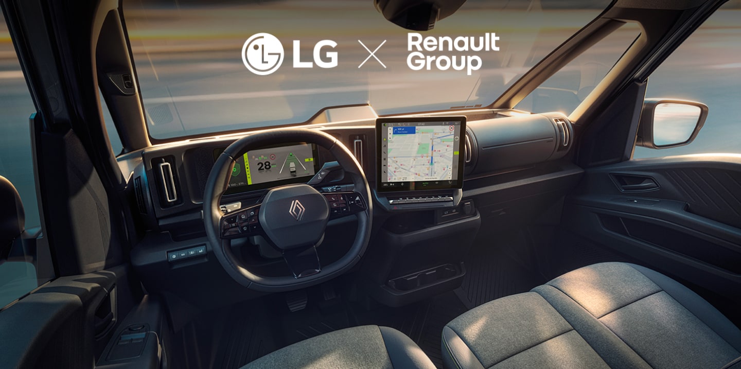 Interior of Renault Group's first commercial SDV featuring LG VS' integrated cockpit solution with cluster and infotainment.