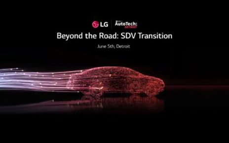 Car image featuring design elements with official logos of LG and AutoTech Detroit on top