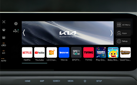 Various content platforms offered by LG Channels are displayed on the Kia EV3’s in-car screen