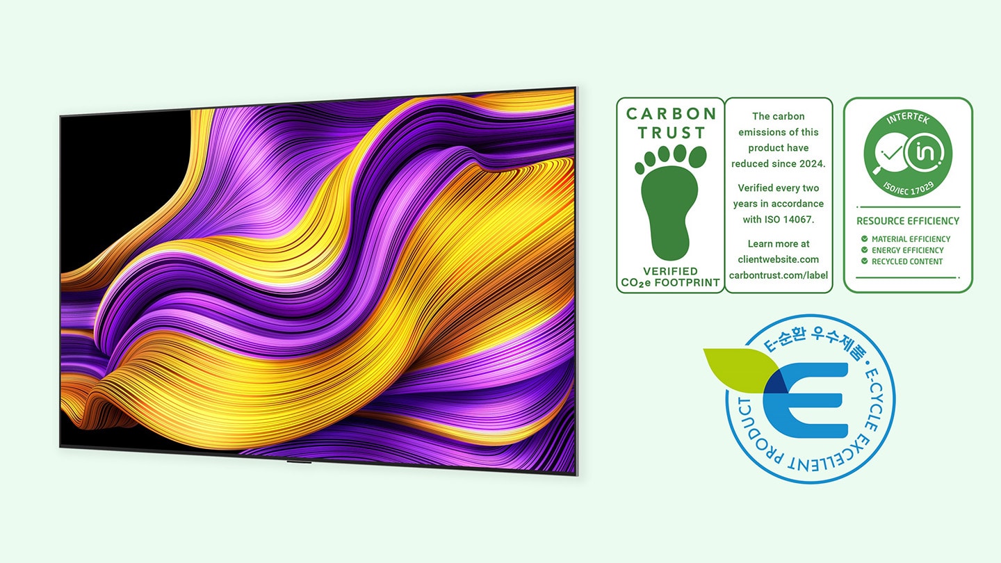 An LG TV showcasing vibrant visuals beside eco-friendly certifications for sustainable innovation.