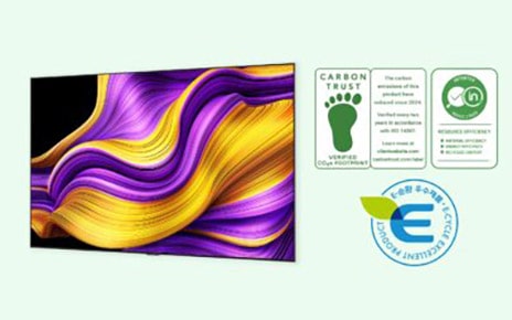 An LG TV showcasing vibrant visuals beside eco-friendly certifications for sustainable innovation.