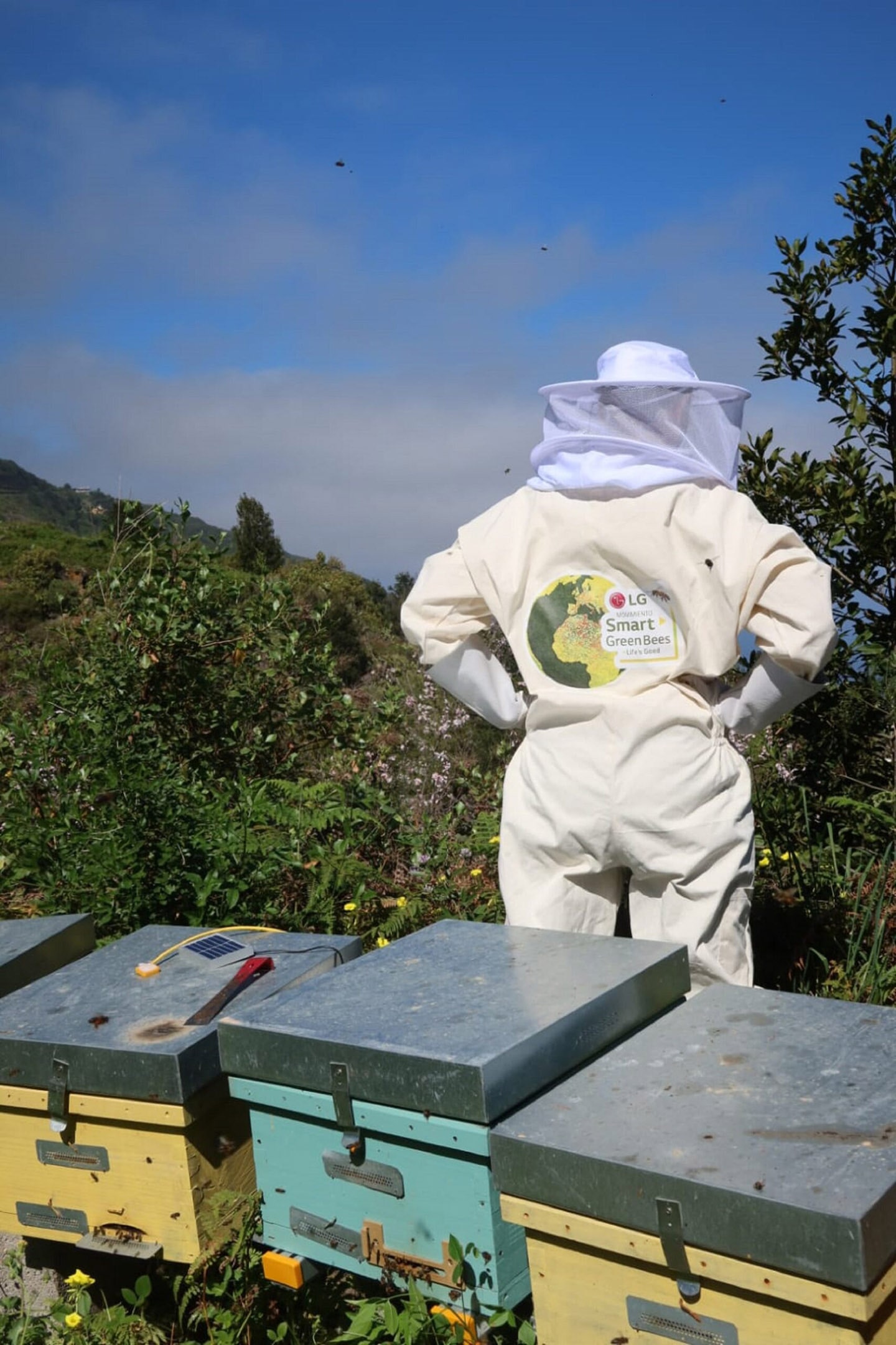 a photo of person in the process of moving new hives and implemented advanced monitoring systems 