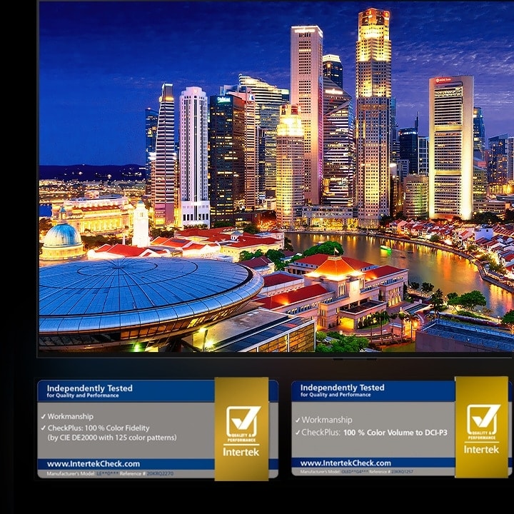 A bustling city scene in the early evening with bold colors and contrast.