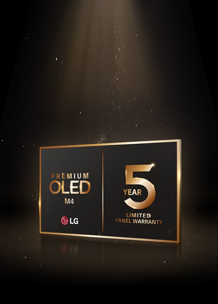 LG OLED Care+ and 5 Year Panel Warranty in gold logo against a black backdrop, illuminated by gold light from above.