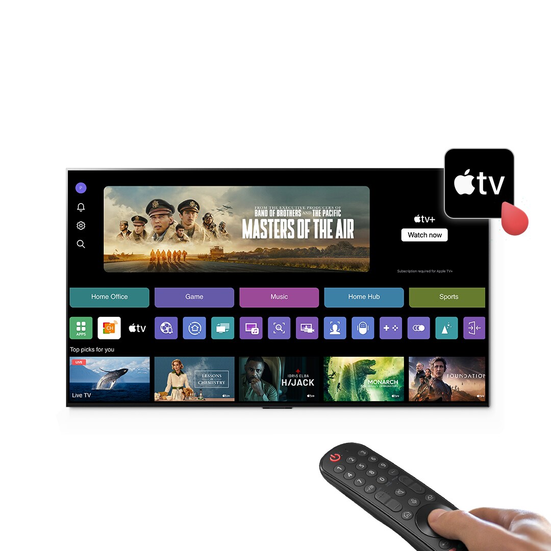 LG 智能電視 webOS 的影像。在 webOS 頁面中，有 Apple TV+ 的應用程式標示。