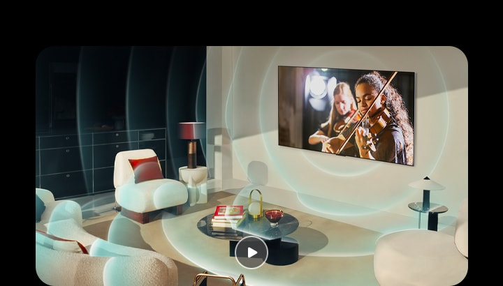 LG OLED 電視在現代城市住宅中。網格疊層出現在圖像上，像是在掃描整個空間，然後藍色的聲波從屏幕上投射出來，完美地填滿了整個空間。