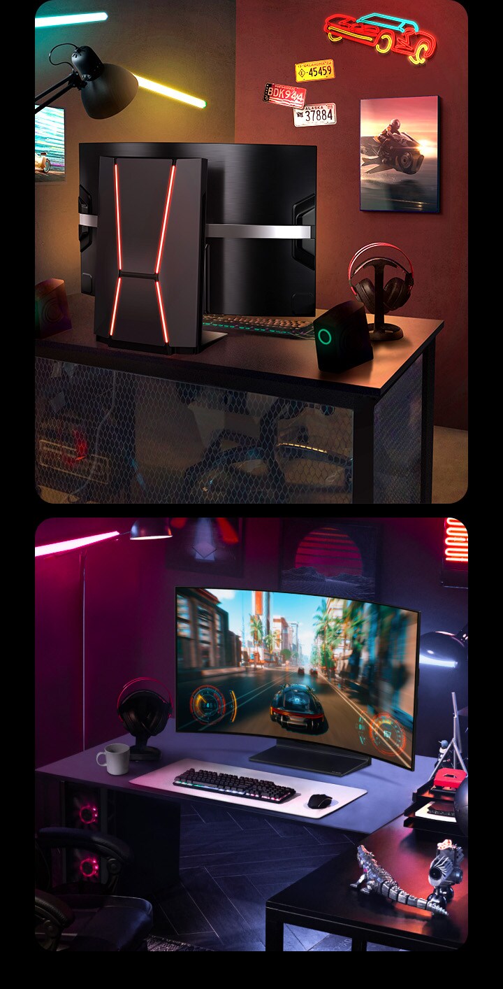 在色彩繽紛的遊戲室中，從後面看的 LG OLED Flex。「盾牌設計」帶有紅色背光。另一個影像顯示在黑暗、紫色燈光的遊戲室中，從正面看的 LG OLED Flex，螢幕顯示正在玩賽車遊戲。