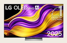 LG OLED 電視螢幕上有色彩繽紛的細緻藝術作品，配以 LG OLED evo AI 2025 標題和「連續 12 年全球第一的 OLED 電視」標誌。