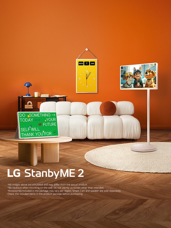 LG StanbyME 2 LX6 Movable Screen with moving wheel and detachable display is shown across a living space, with one screen on a desk, one wall-mounted, and one on a floor stand, enabling flexible use across various viewing situations.