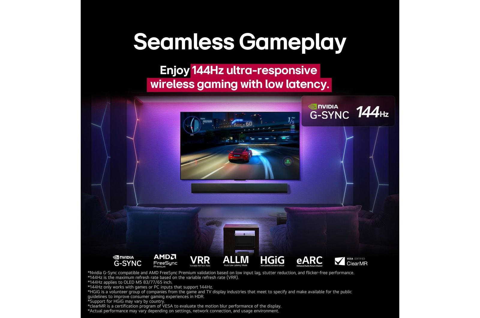 LG OLED M5 電視的螢幕上正在播放遊戲,展示流暢無縫遊戲體驗。Zero Connect Box 與空間完美融合。遊戲認證標誌清晰可見。文字提到:120Hz 超高速、低延遲的無線遊戲體驗。