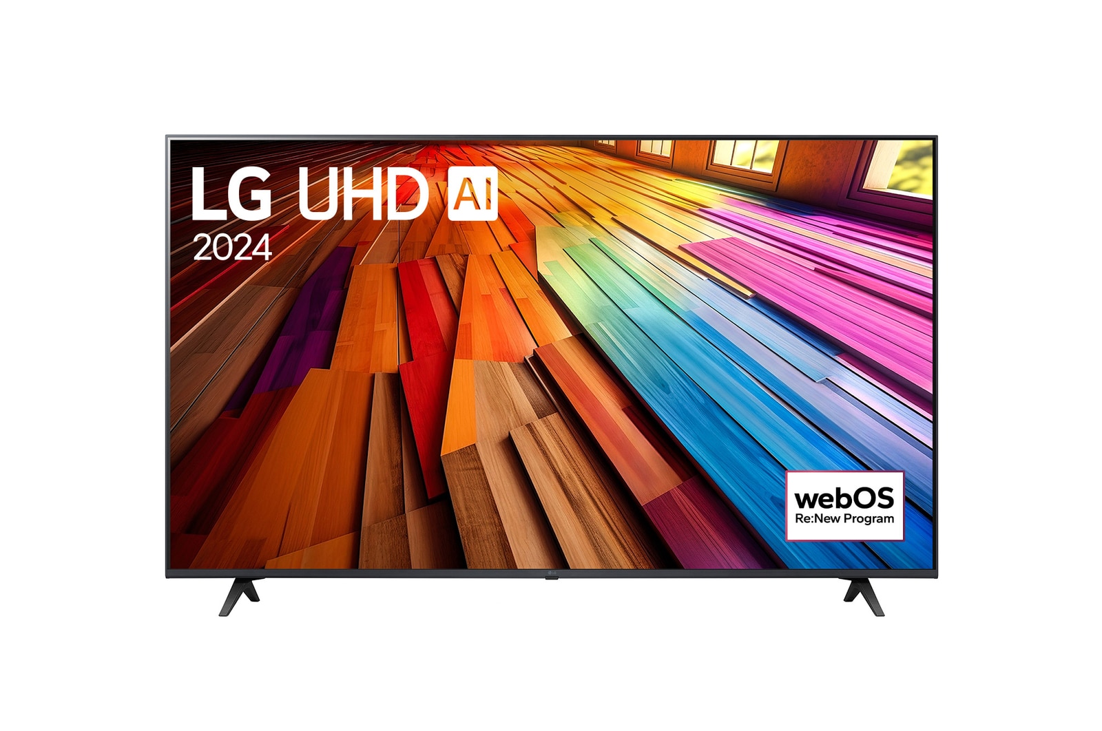LG UHD TV UT78 的正面視圖，螢幕上顯示文字「LG UHD AI ThinQ, 2024」和 webOS Re:New Program 標誌