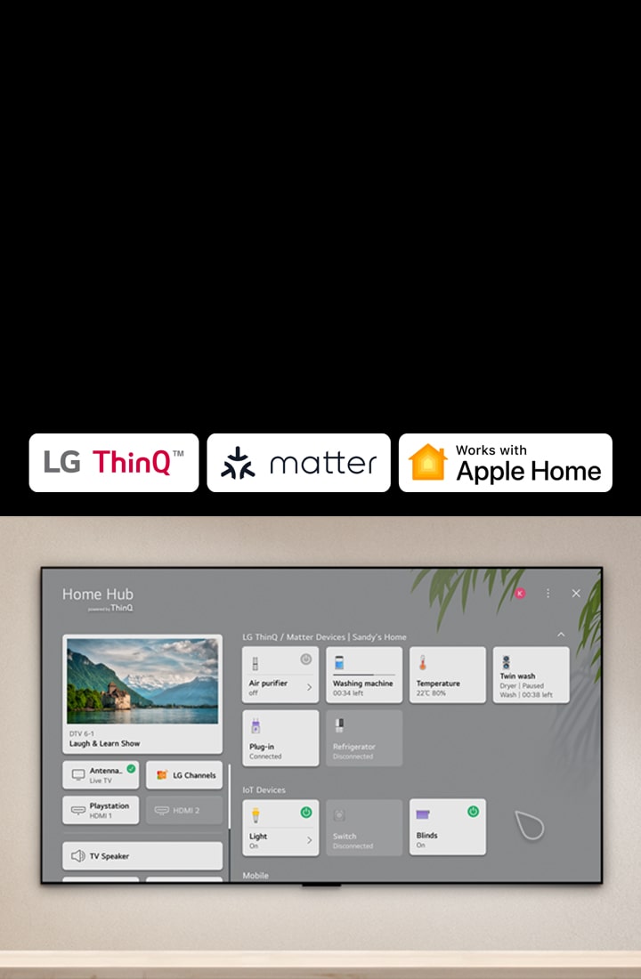 LG ThinQ™、Matter 和 Apple Home 的標誌。  一部安裝在牆上的 LG 電視，左邊是 LG PuriCare™ Objet Collection 360°。電視顯示 Home Hub，指標點擊「Air purifier」，LG PuriCare™ Objet Collection 360° 已啟動。