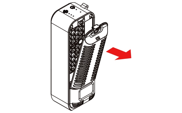Press the hook on the filter cover on the back of the product and gently pull it off.