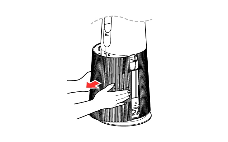 使用者站在產品前面，透過顯示器上的 LG 標誌識別，輕輕拉動進氣口蓋的兩側以將其取下。