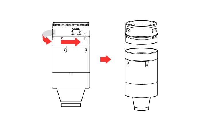 拆分旋風式濾網時，從旋風式濾網取出 Pre-Filter。如果 Pre-Filter 未與旋風式濾網一併分離，請檢查吸塵機內部並取出 Pre-Filter