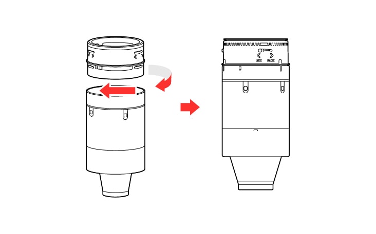 將完全風乾的 Pre-Filter 向左轉入旋風式濾網中，以將其組裝 組裝 Pre-Filter 時，請將其完全轉動，直至聽到咔嗒聲 如果沒有聽到咔嗒聲，則表示其未完全組裝